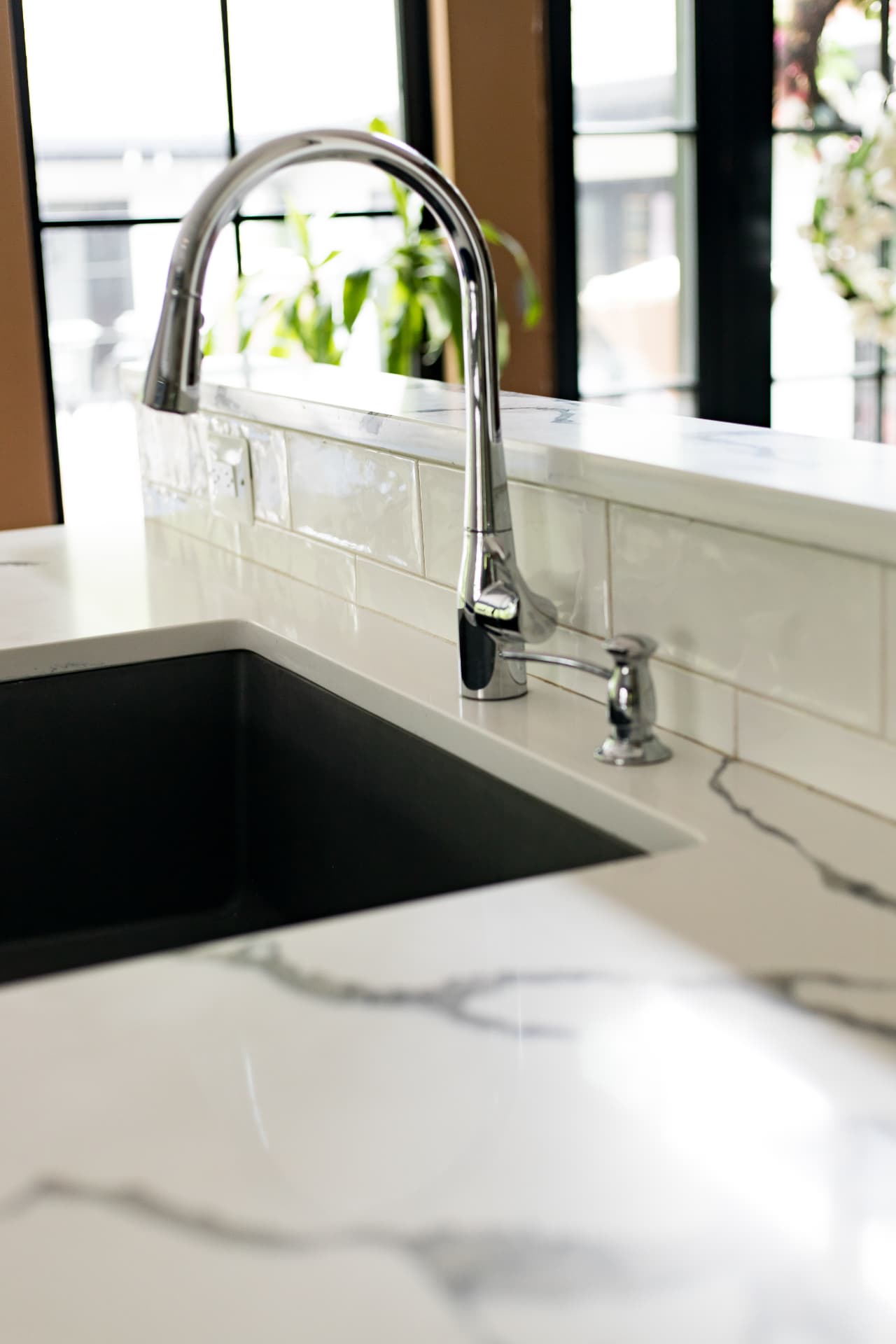 Veined stone and a glazed tile backsplash, Blue and White Kitchen · Great Falls, VA