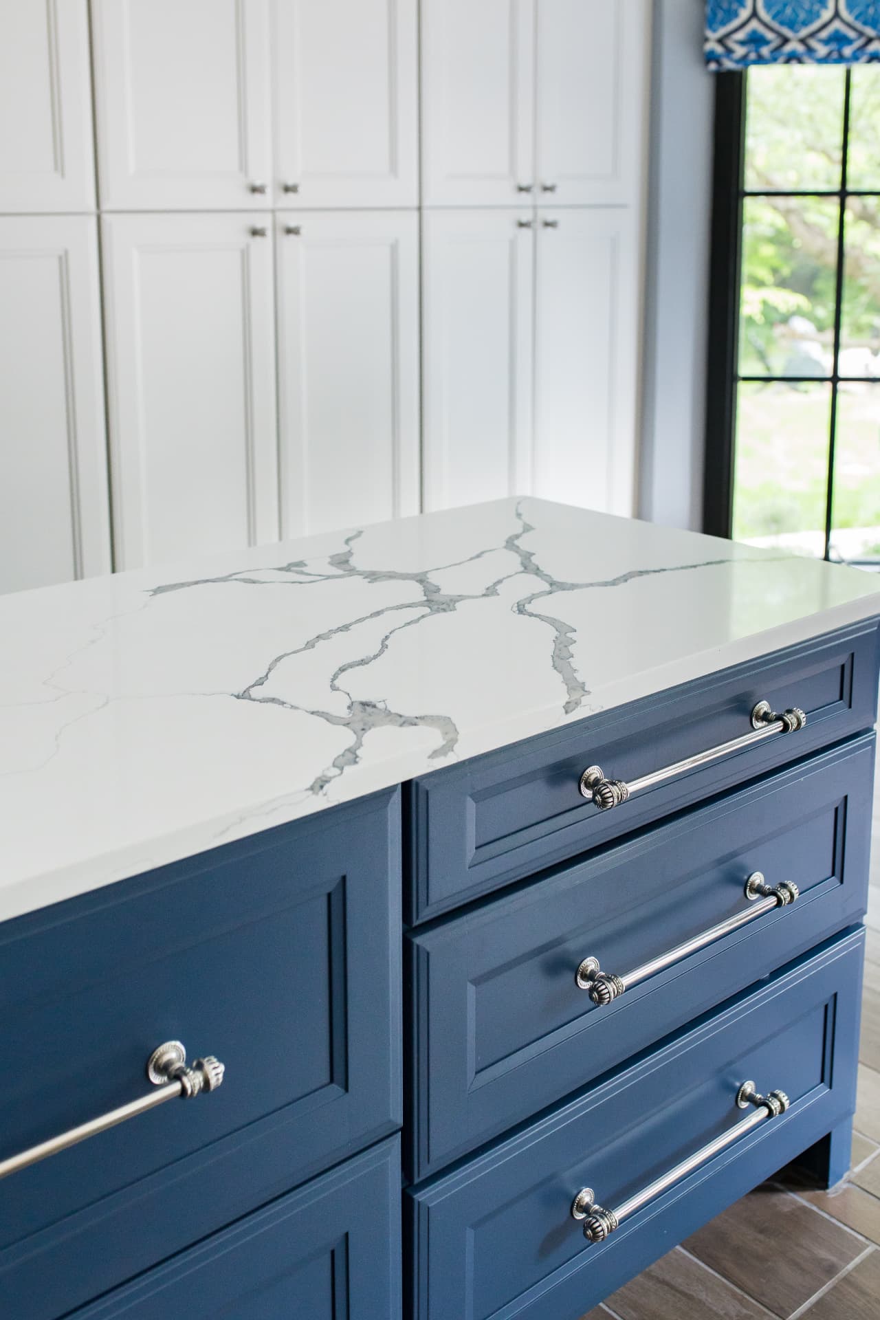 Quartz over navy, Blue and White Kitchen · Great Falls, VA